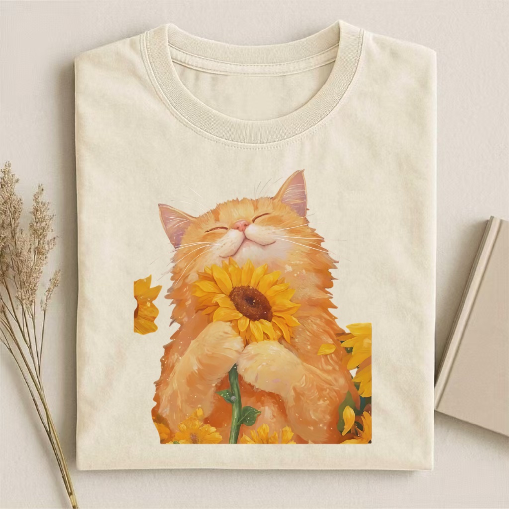Orange Cat With Sunflower Watercolor T-shirt - Vintage Washed Apparel by VanceMade