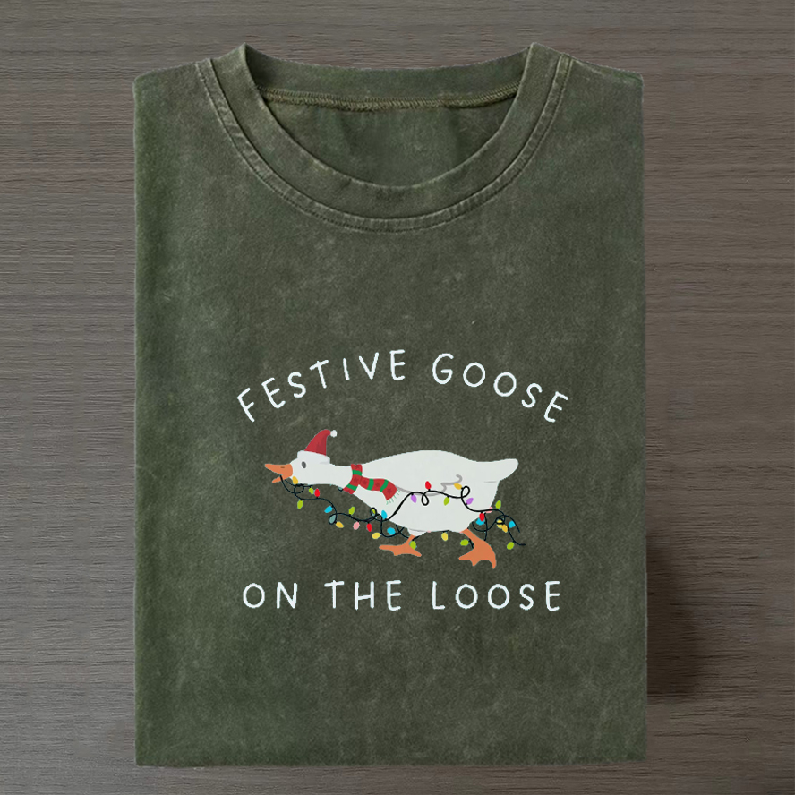 Festive Goose on the Loose Christmas T-shirt - Vintage Washed Apparel by VanceMade