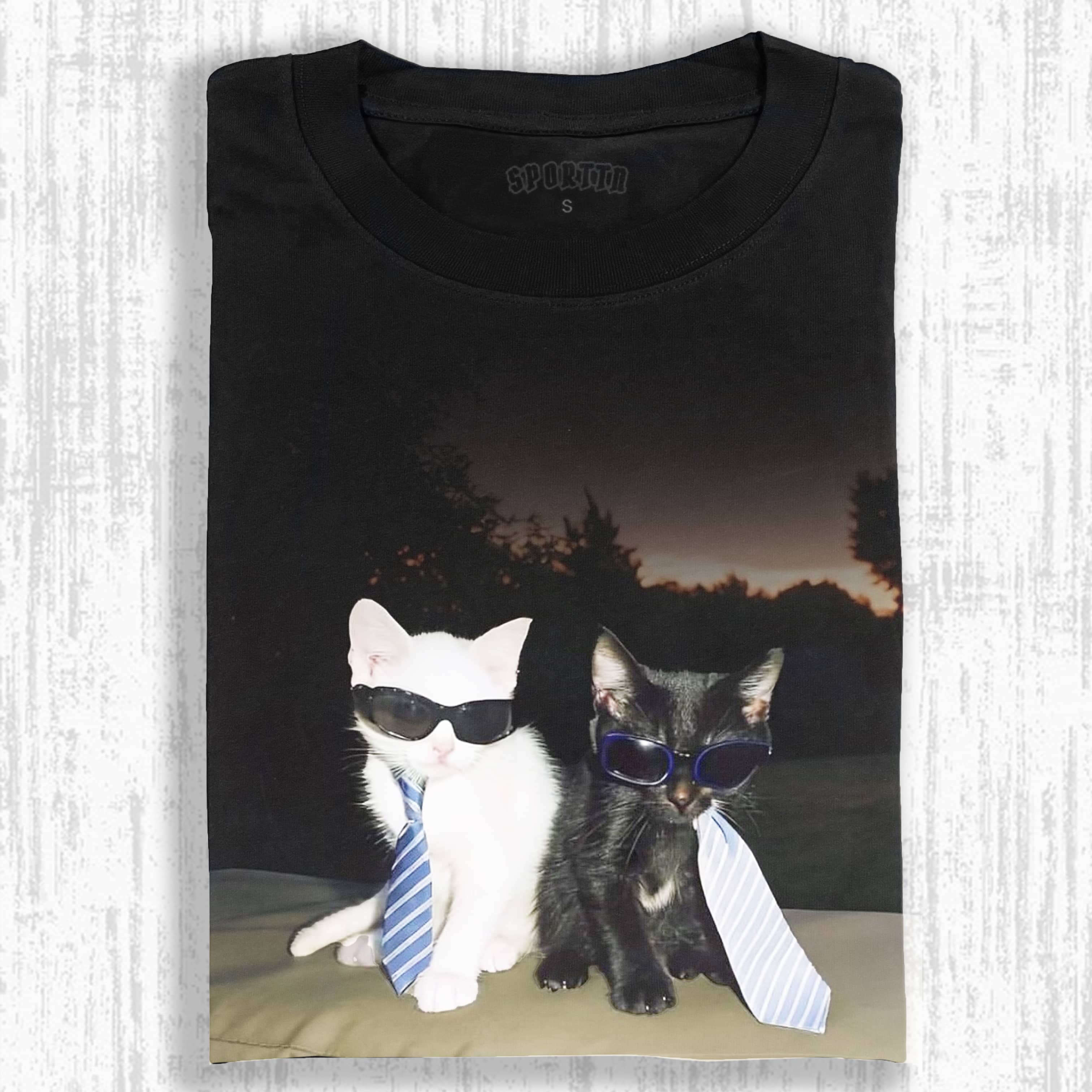 Wacky Black and White Cat Portrait T-shirt - Vintage Washed Apparel by VanceMade
