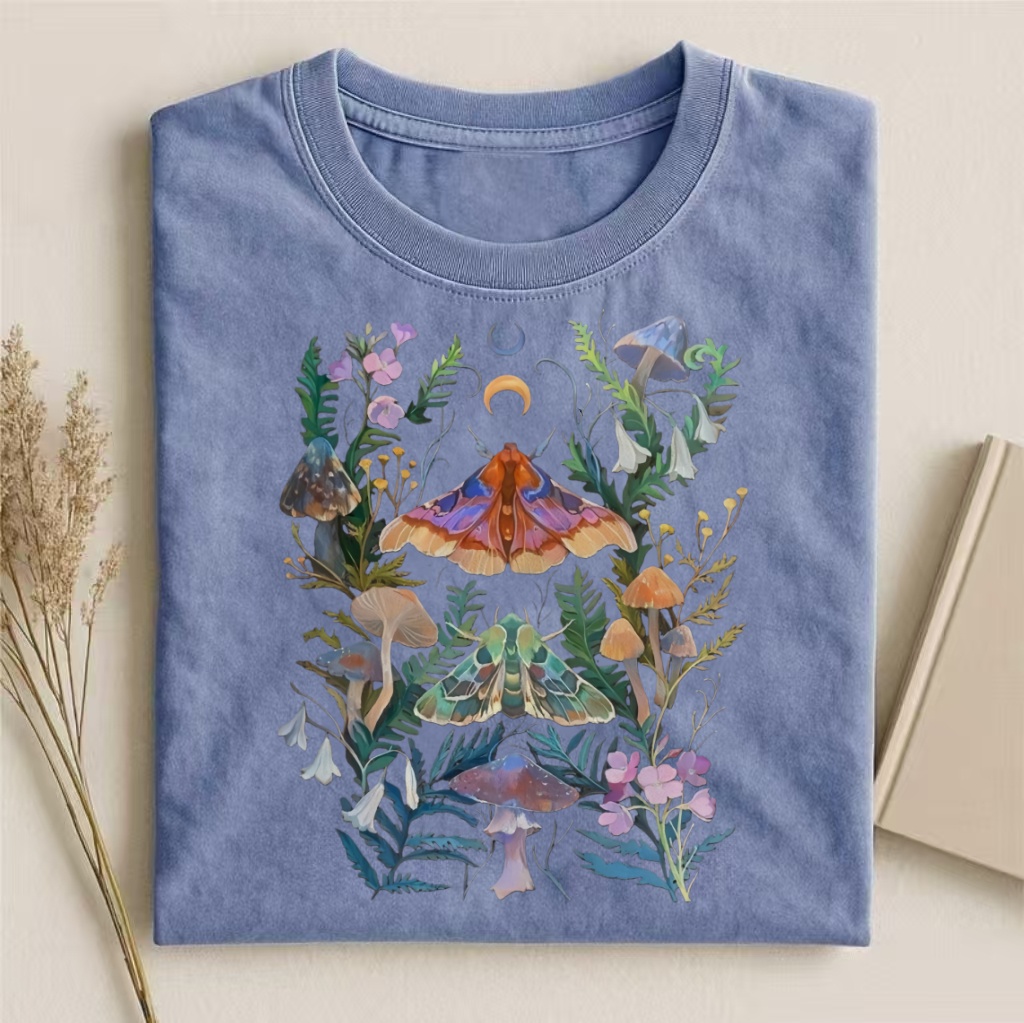 Moth & Mushroom Forest Witchy Art T-shirt - Vintage Washed Apparel by VanceMade