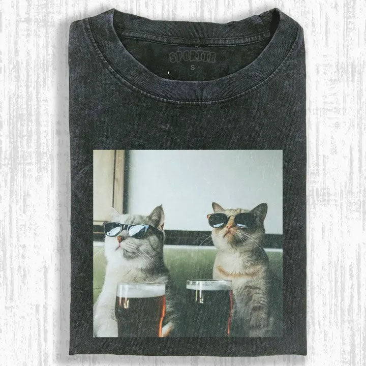 Wacky Cool Cats with Sunglasses & Beer T-shirt - Vintage Washed Apparel by VanceMade