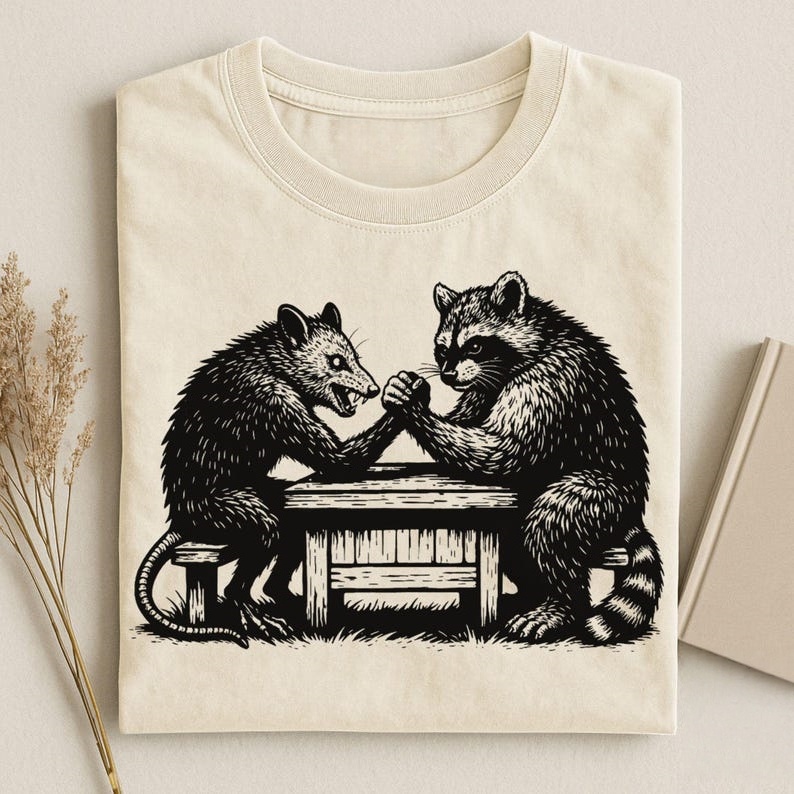 Opossum vs Raccoon Arm Wrestle Retro T-Shirt