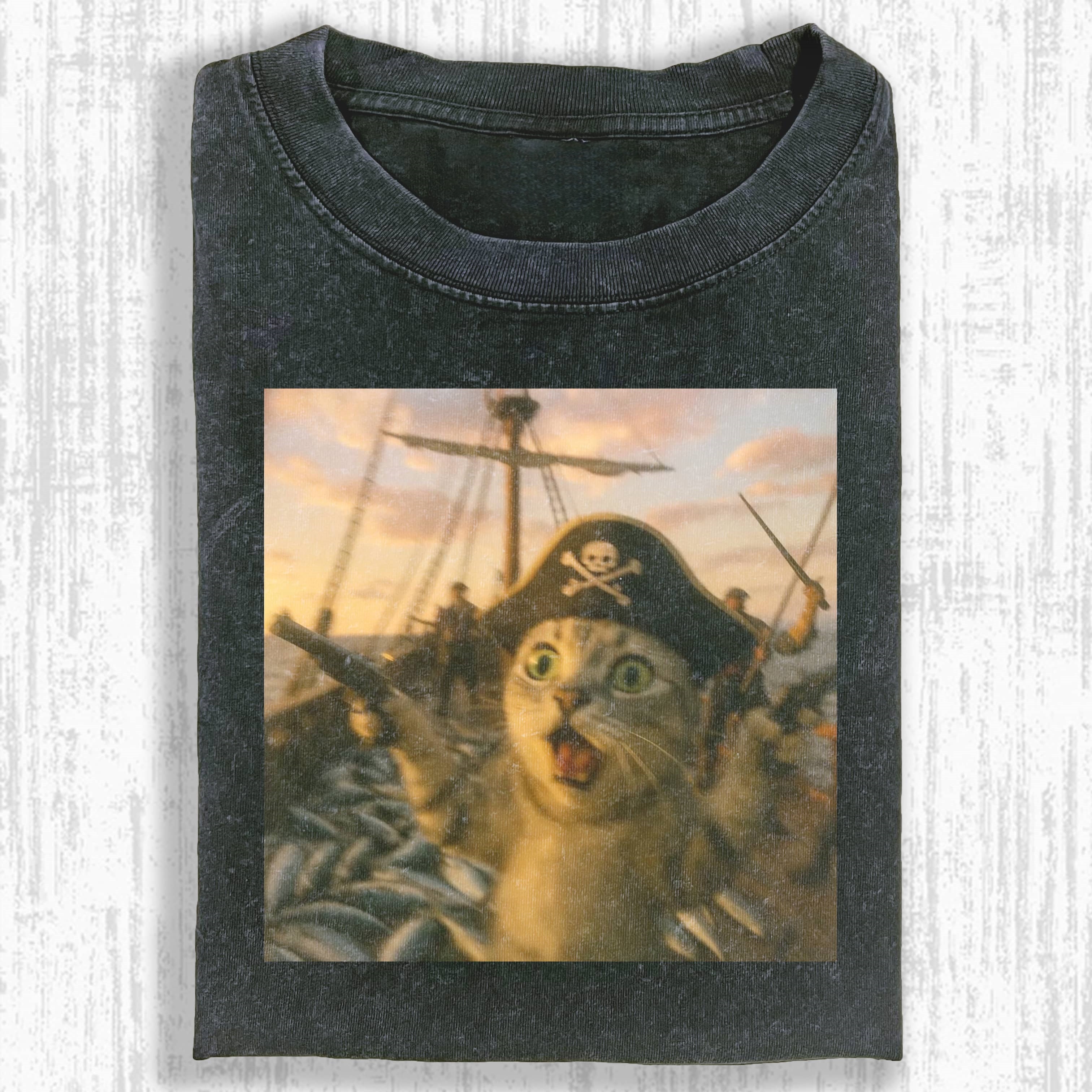 Wacky Pirate Cat on Ship T-shirt