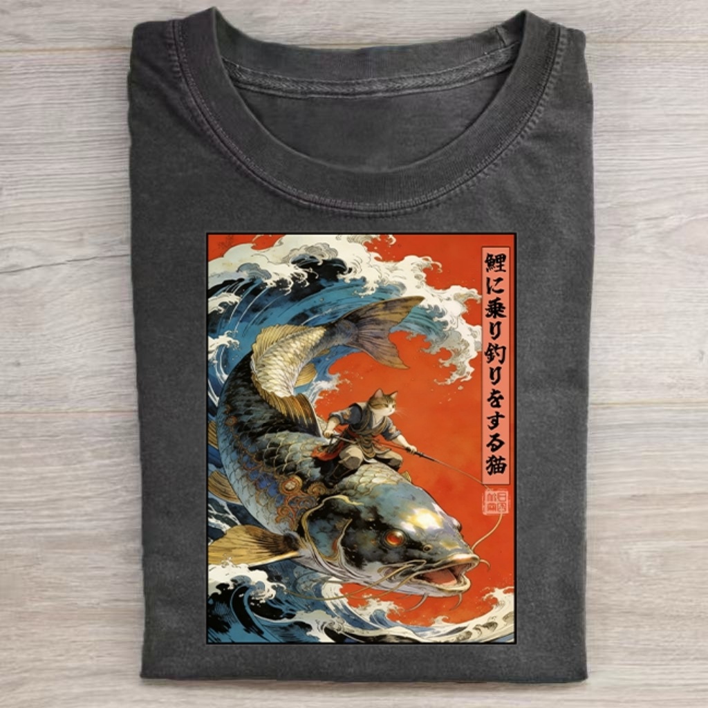 Wave Koi Riding Cat T-shirt