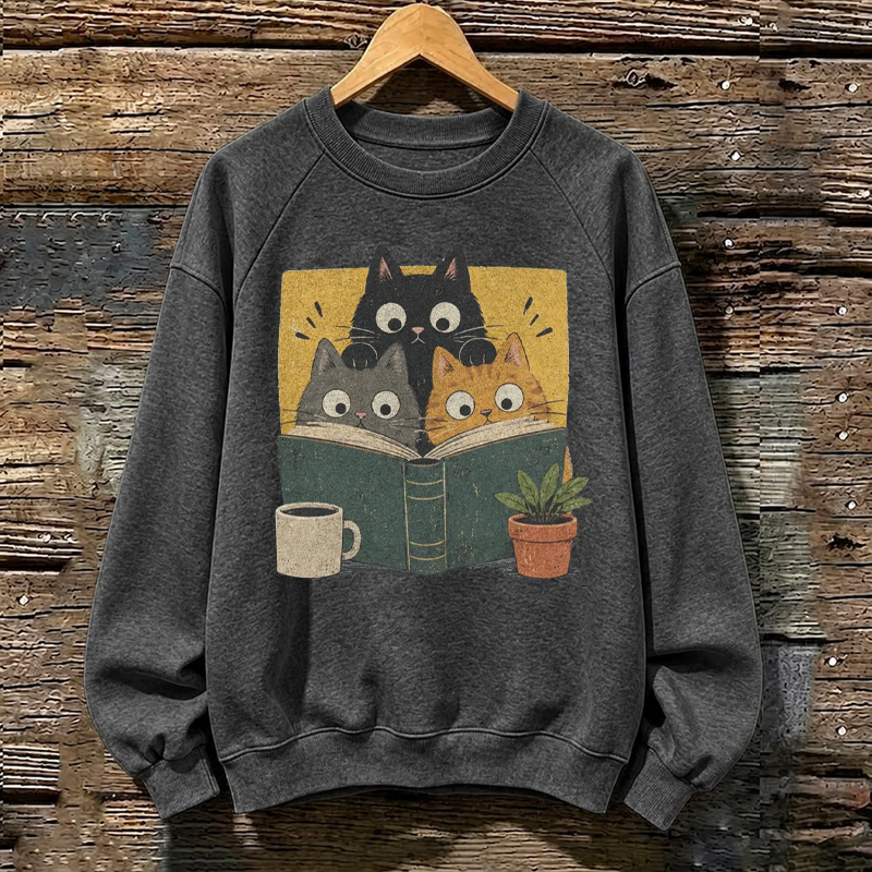 Retro Curious Reading Cats Sweatshirt