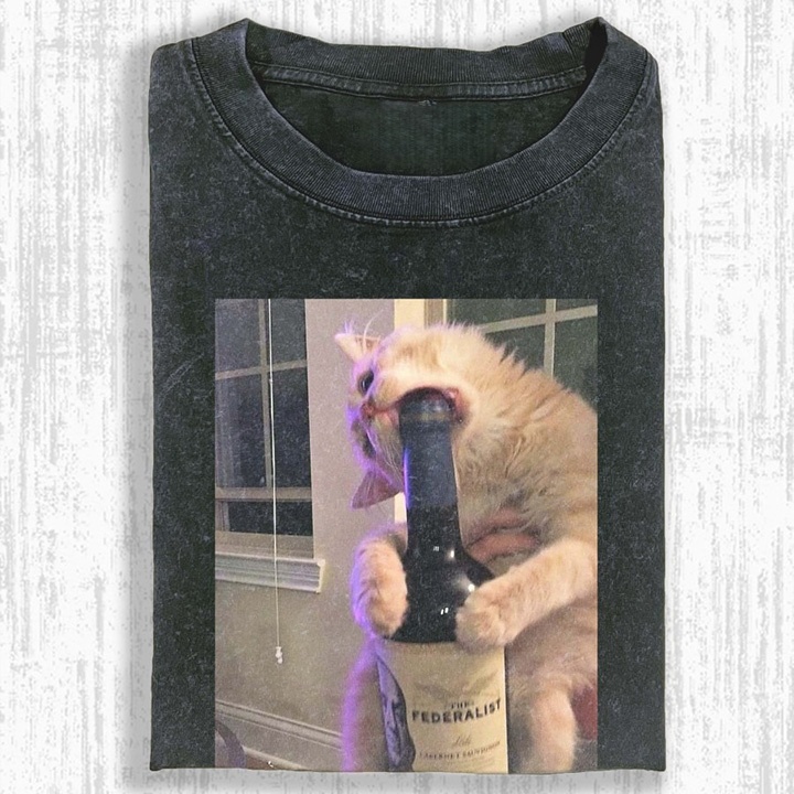 Wacky Cat Biting Wine Bottle T-shirt