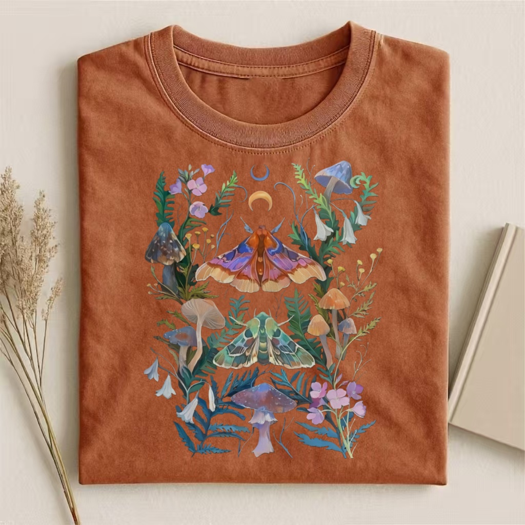 Moth & Mushroom Forest Witchy Art T-shirt - Vintage Washed Apparel by VanceMade