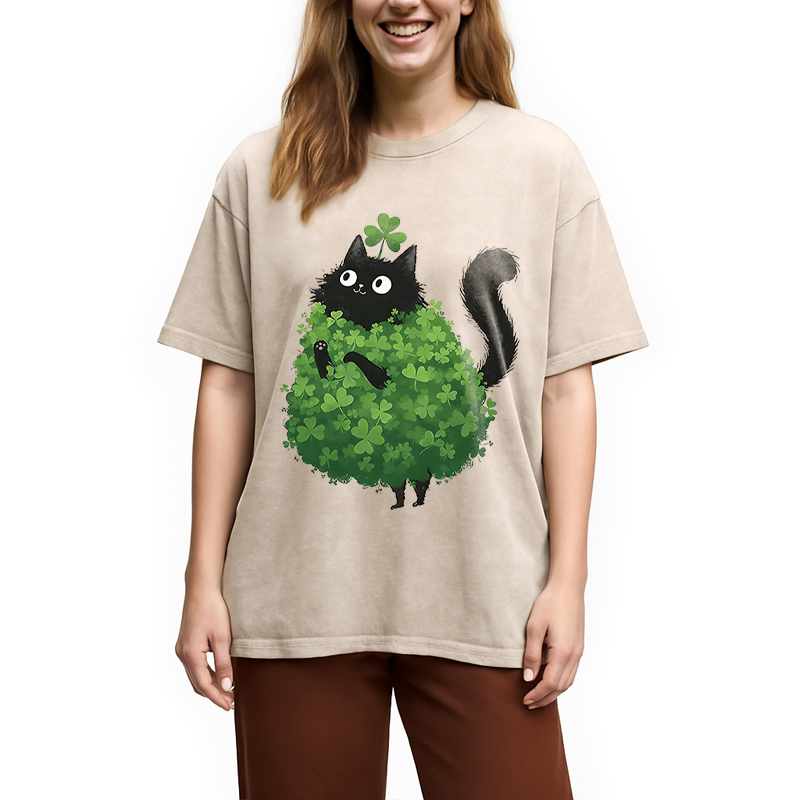 St. Patrick's Day Decorated Cat Washed T-Shirt-Vance