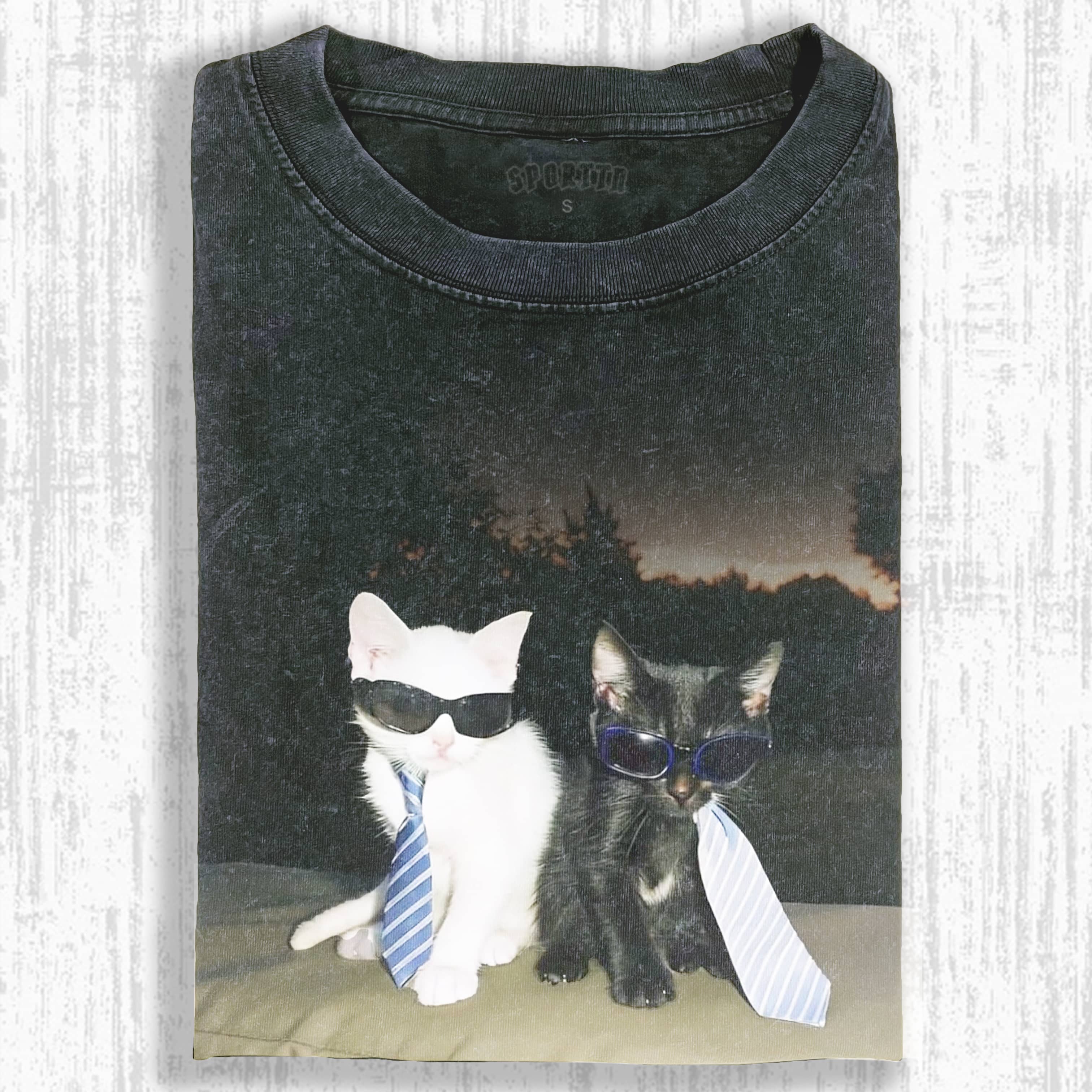 Wacky Black and White Cat Portrait T-shirt - Vintage Washed Apparel by VanceMade