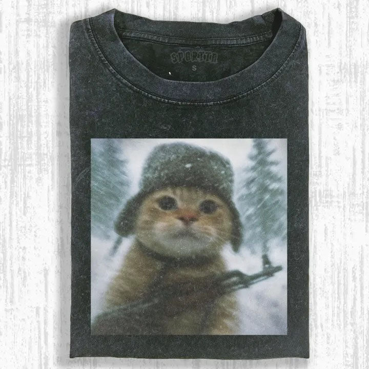 Wacky Cat with Hat in Snow T-shirt - Vintage Washed Apparel by VanceMade