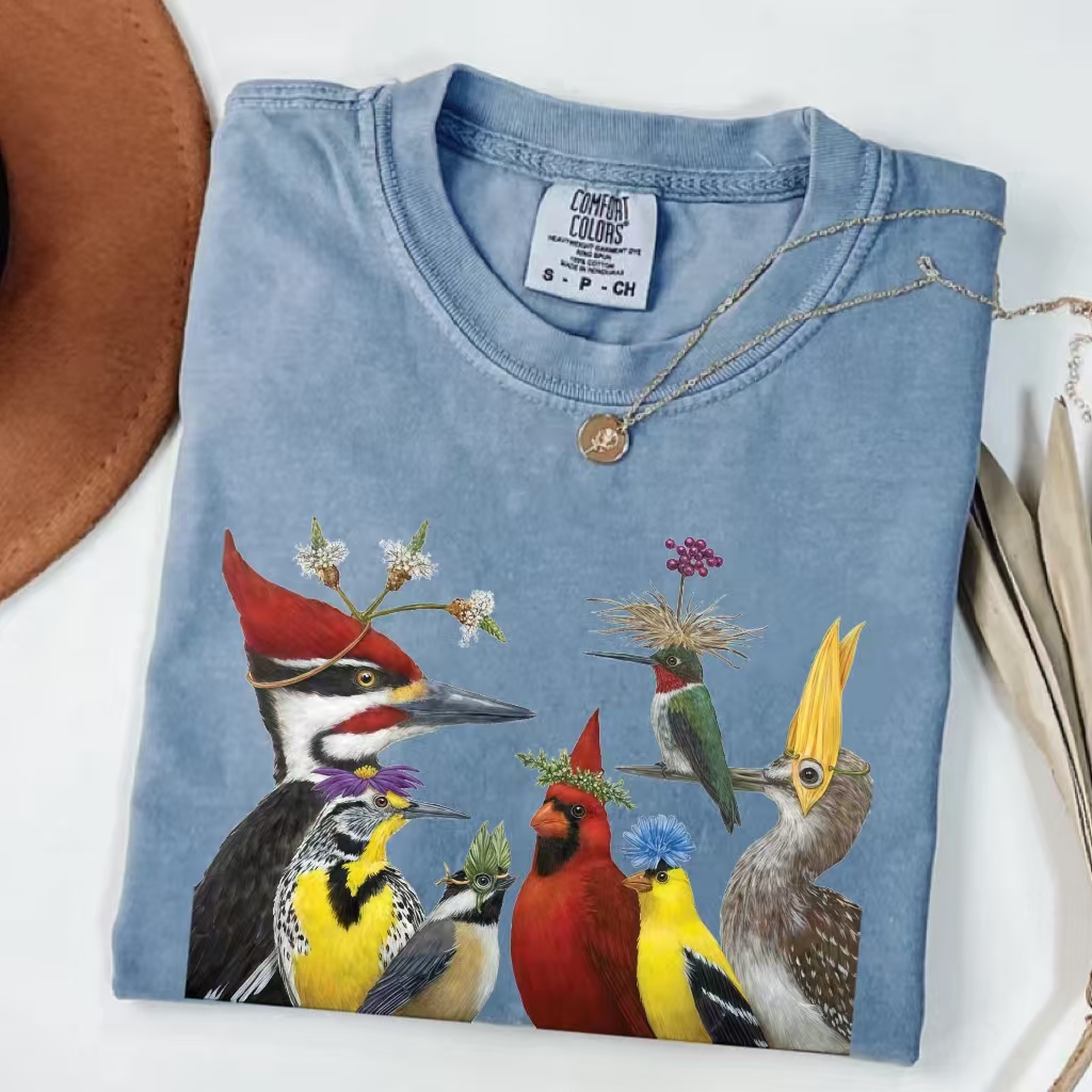 Colorful Birds Floral Crown Nature T-shirt - Vintage Washed Apparel by VanceMade