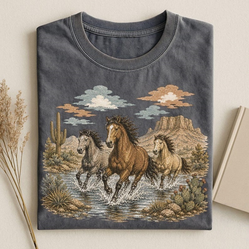 Western Desert Running Horses Art T-Shirt