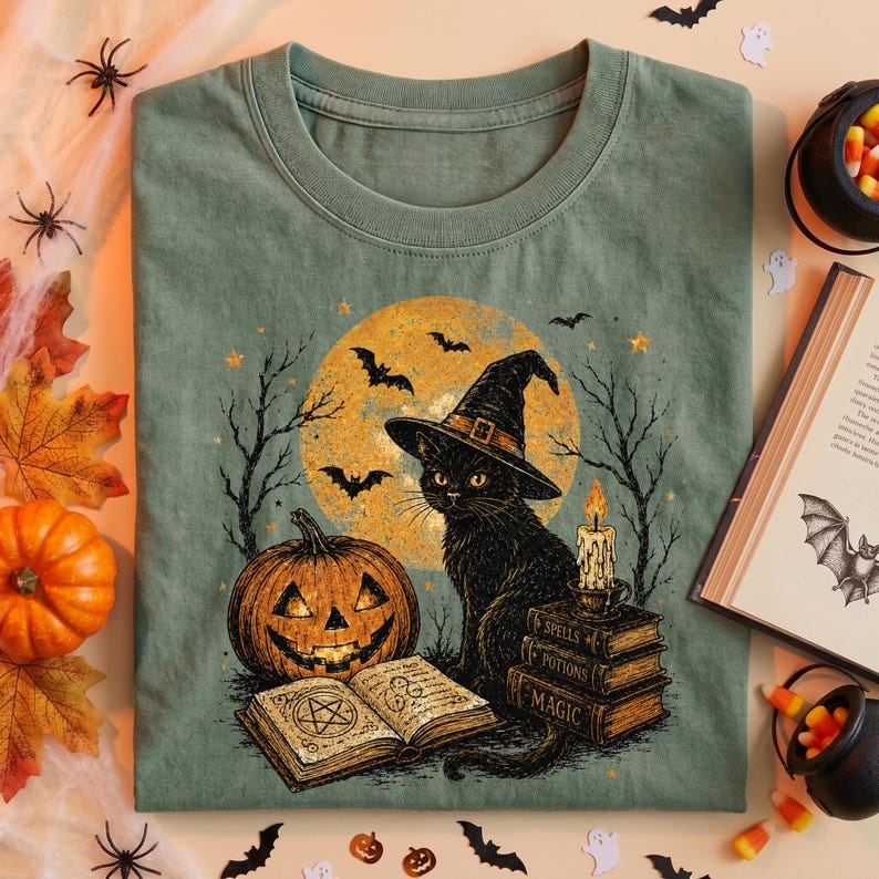 Vintage Full Moon Witch Black Cat Pumpkin T-Shirt