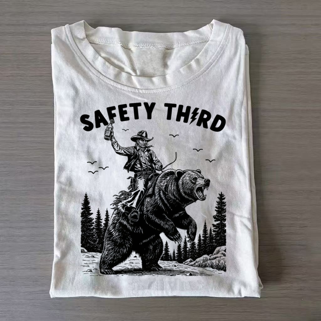 Safety Third Cowboy Bear Retro Graphic T-Shirt