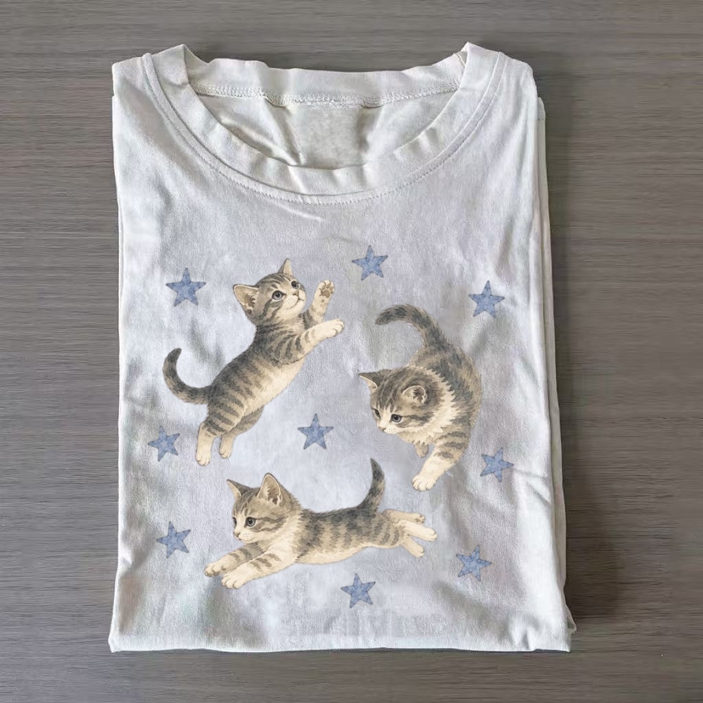 Cute Star Kitten Playful Graphic T-shirt
