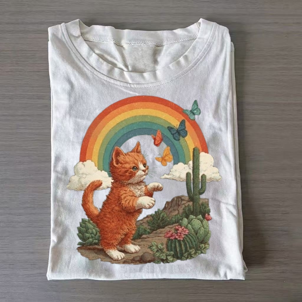 Desert Rainbow Ginger Cat Retro Graphic T-shirt