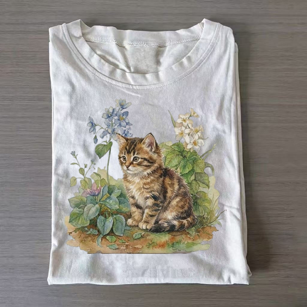 Watercolor Floral Tabby Kitten Casual T-shirt