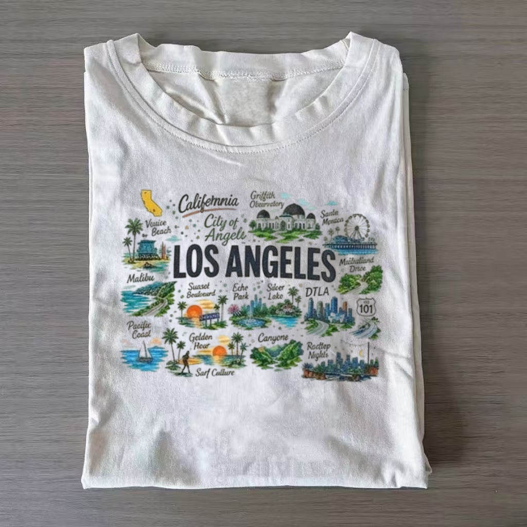 Hand Drawn LA Landmark Collage Casual T-shirt