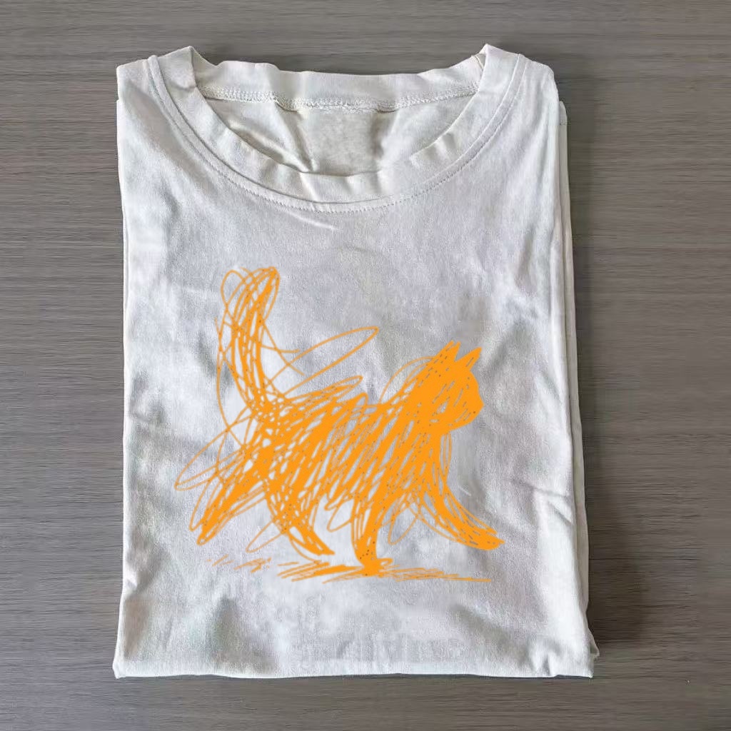 Abstract Scribble Cat Orange Art T-shirt - Vintage Washed Apparel by VanceMade
