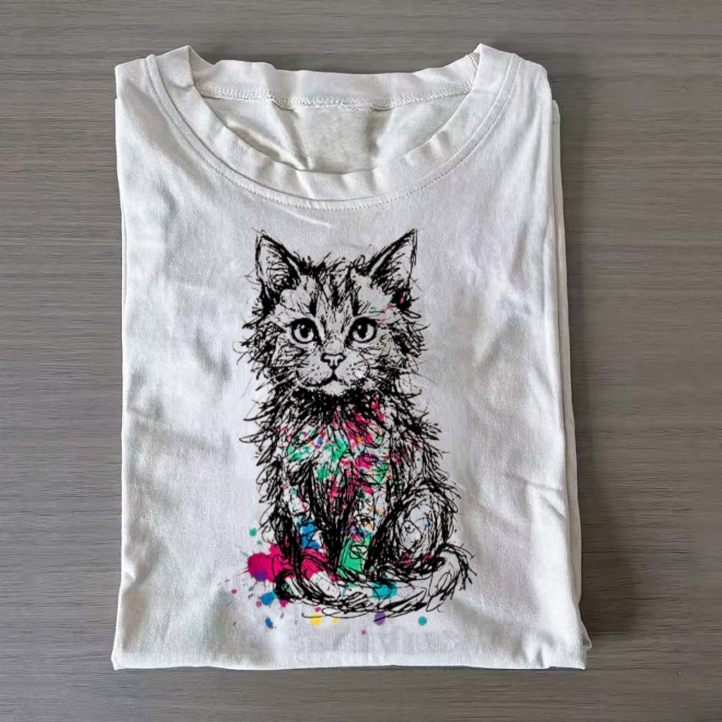 Color Splash Sketch Fluffy Cat T-Shirt