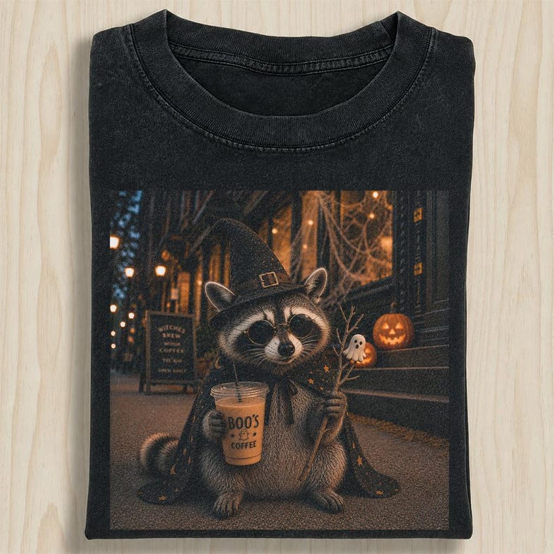 Halloween Witch Raccoon Ghost Coffee Graphic T-Shirt