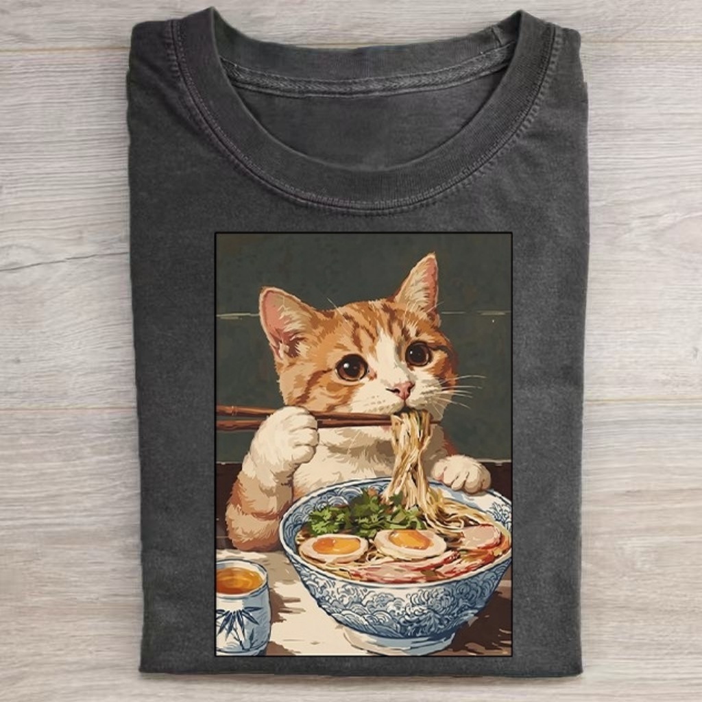Cute Ginger Cat Eating Noodle Art T‑Shirt