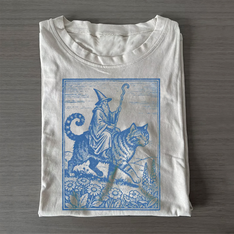 ShawnCraft® Official: Wizard Cat Rider Vintage T-Shirt - Premium Breathable Cotton Apparel