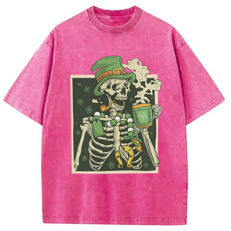 St. Patrick's Skeleton Drinking Coffee Washed T-Shirt - Vintage Washed Apparel by VanceMade
