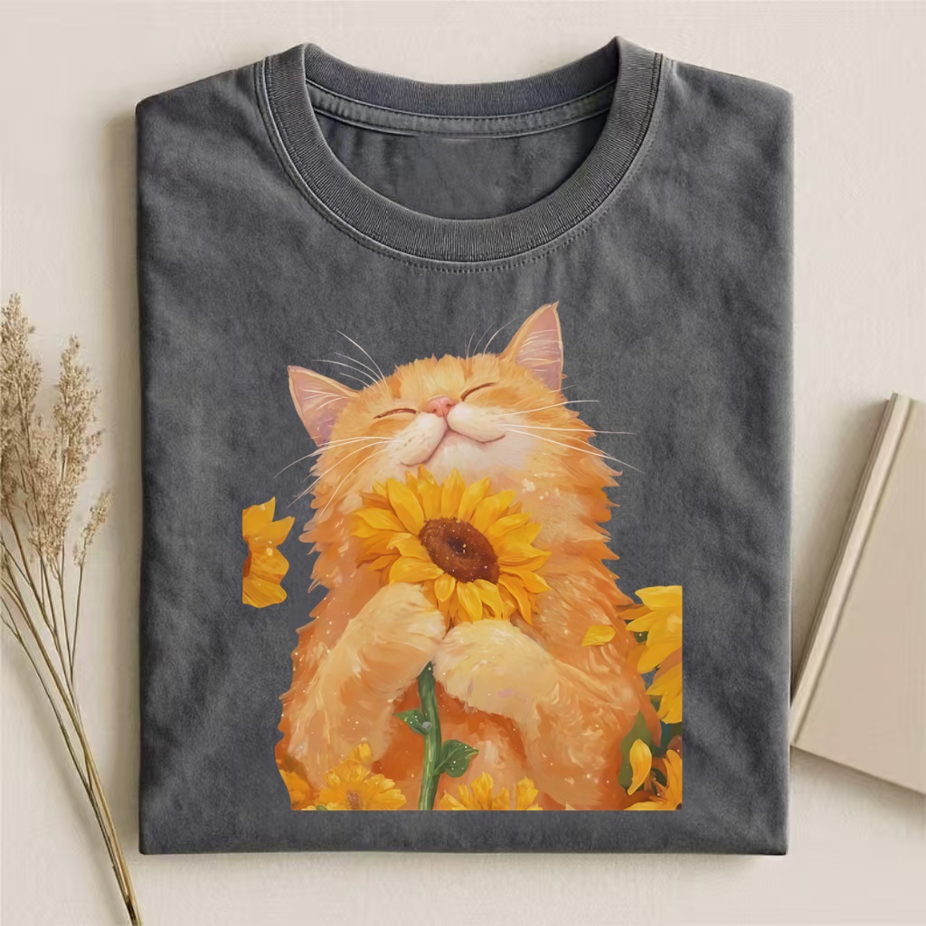 Orange Cat With Sunflower Watercolor T-shirt - Vintage Washed Apparel by VanceMade