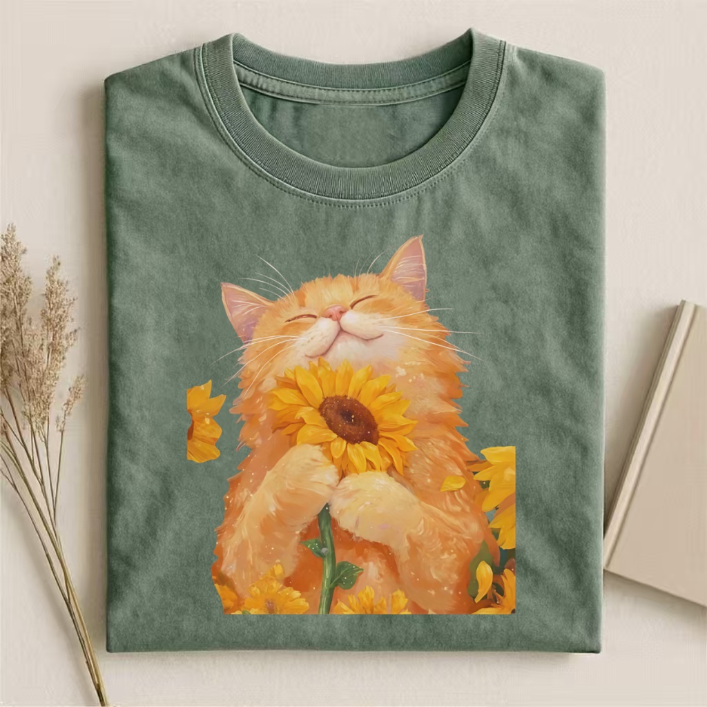 Orange Cat With Sunflower Watercolor T-shirt - Vintage Washed Apparel by VanceMade