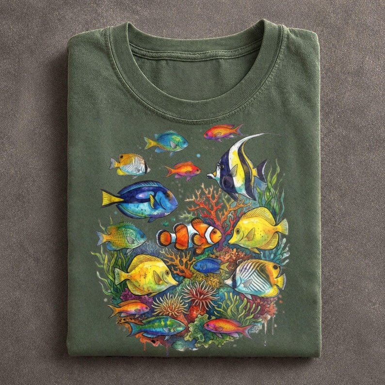 Watercolor Tropical Reef Fish Graphic T-Shirt