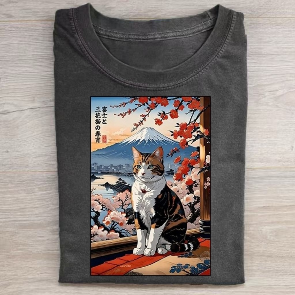 Ukiyo‑e Cat Mount Fuji Scenery Print T‑Shirt