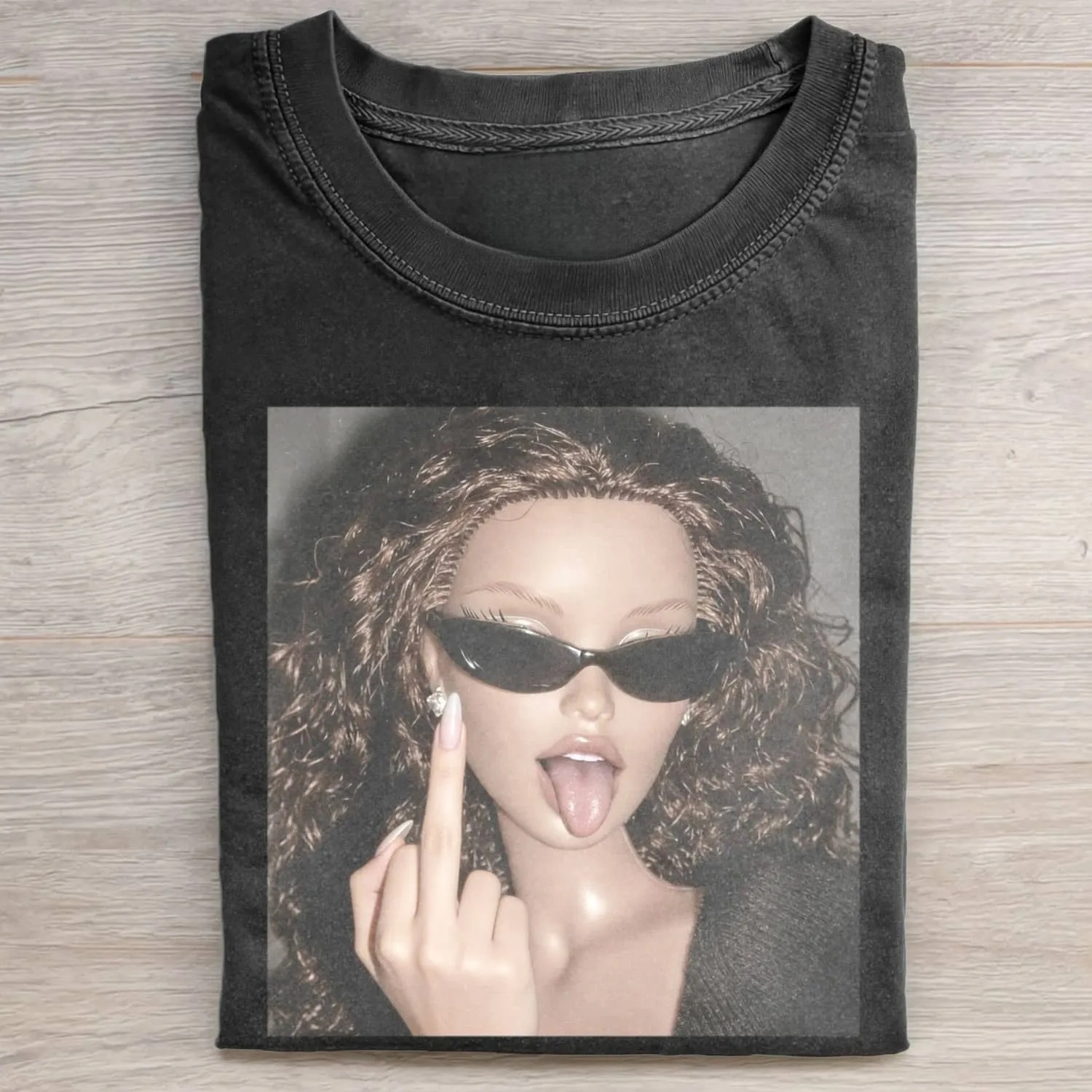 DOLL GIRL FACE MIDDLE FINGER MEME TEE - Vintage Washed Apparel by VanceMade