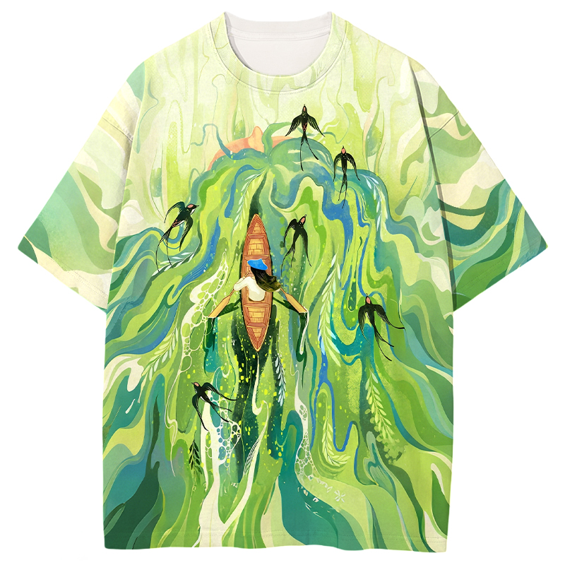 Swallows In Spring Water Graphic Print T-shirt - Vintage Washed Apparel by VanceMade