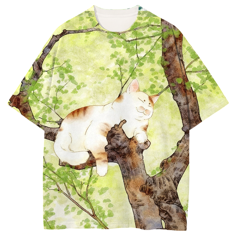 Cat On The Tree Graphic Print T-Shirt - Vintage Washed Apparel by VanceMade