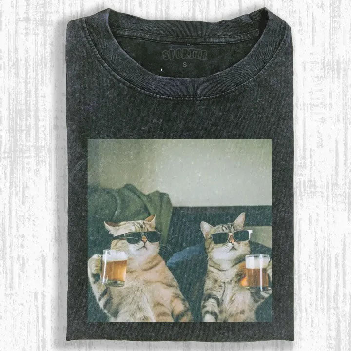 Wacky Cats with Sunglasses & Beer T-shirt - Vintage Washed Apparel by VanceMade