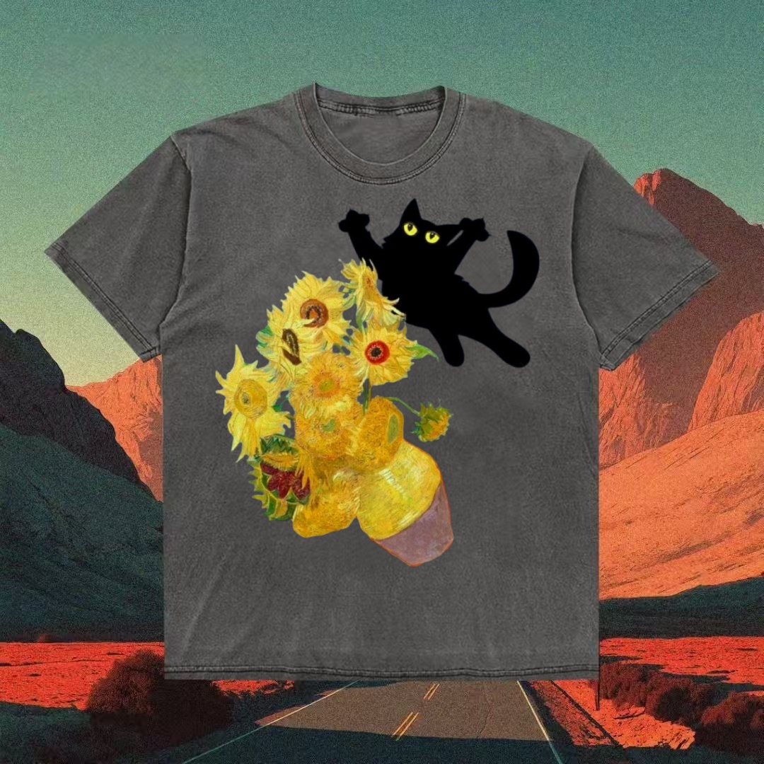 Van Gogh Sunflowers & Black Cat Parody T-shirt - Vintage Washed Apparel by VanceMade