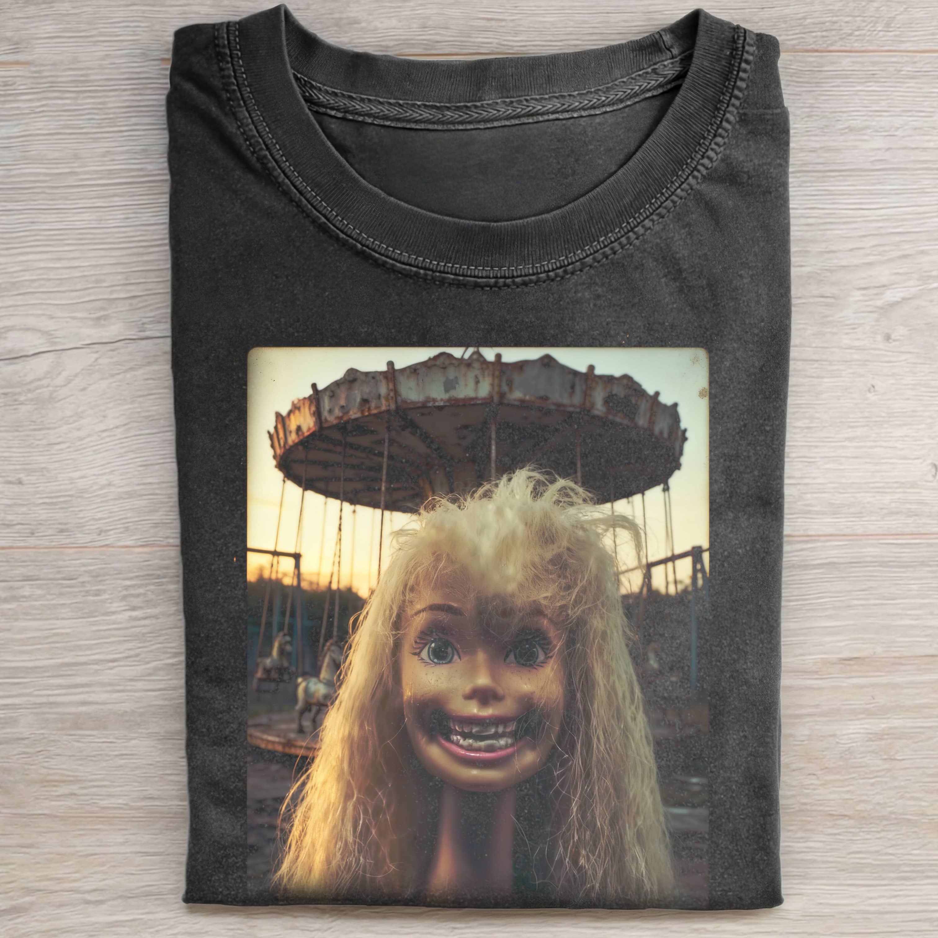 RETRO FERRIS WHEEL Funny Doll Face GIRL TEE