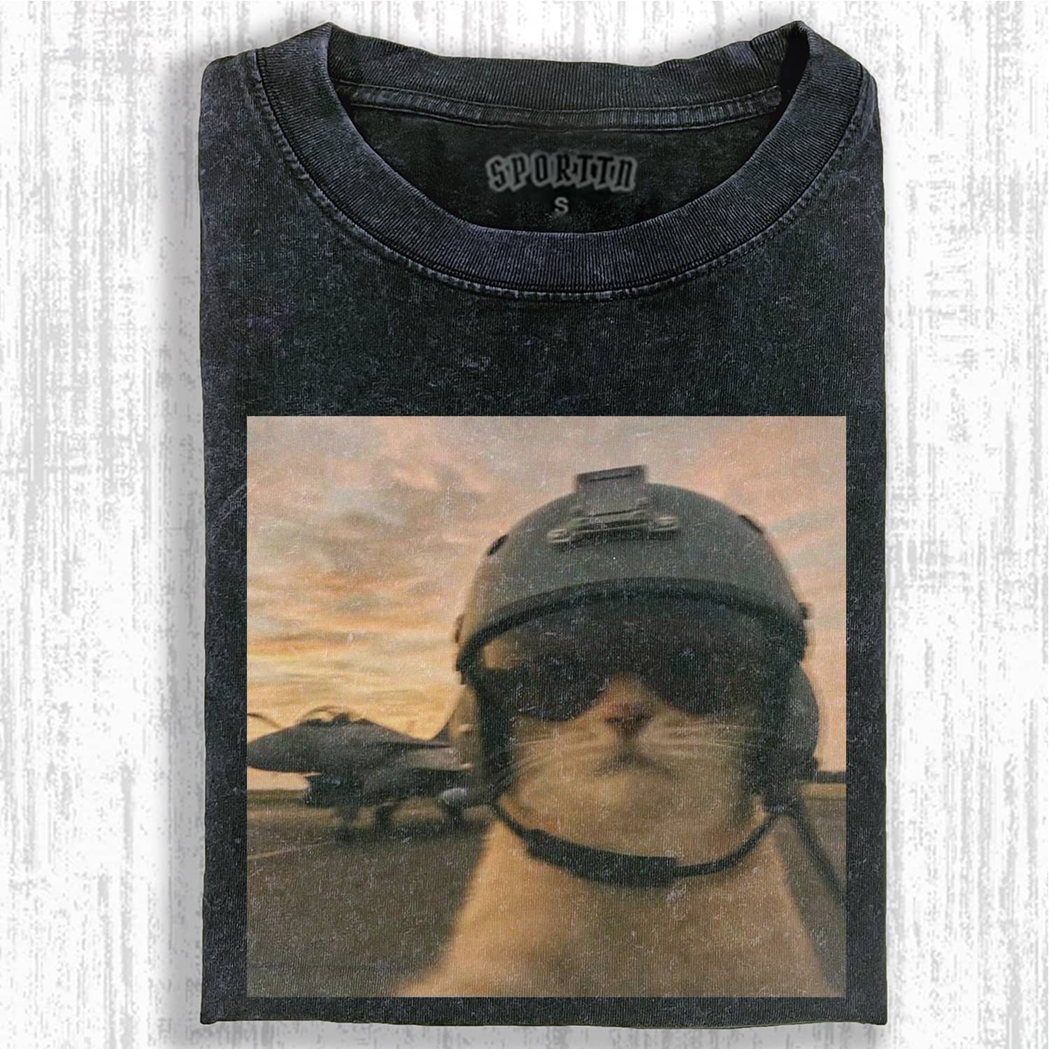 Wacky Pilot Cat with Fighter Jet T-shirt - Vintage Washed Apparel by VanceMade