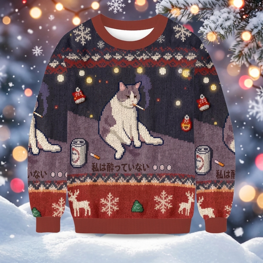 Drunk Cat Night Christmas Ugly Sweater