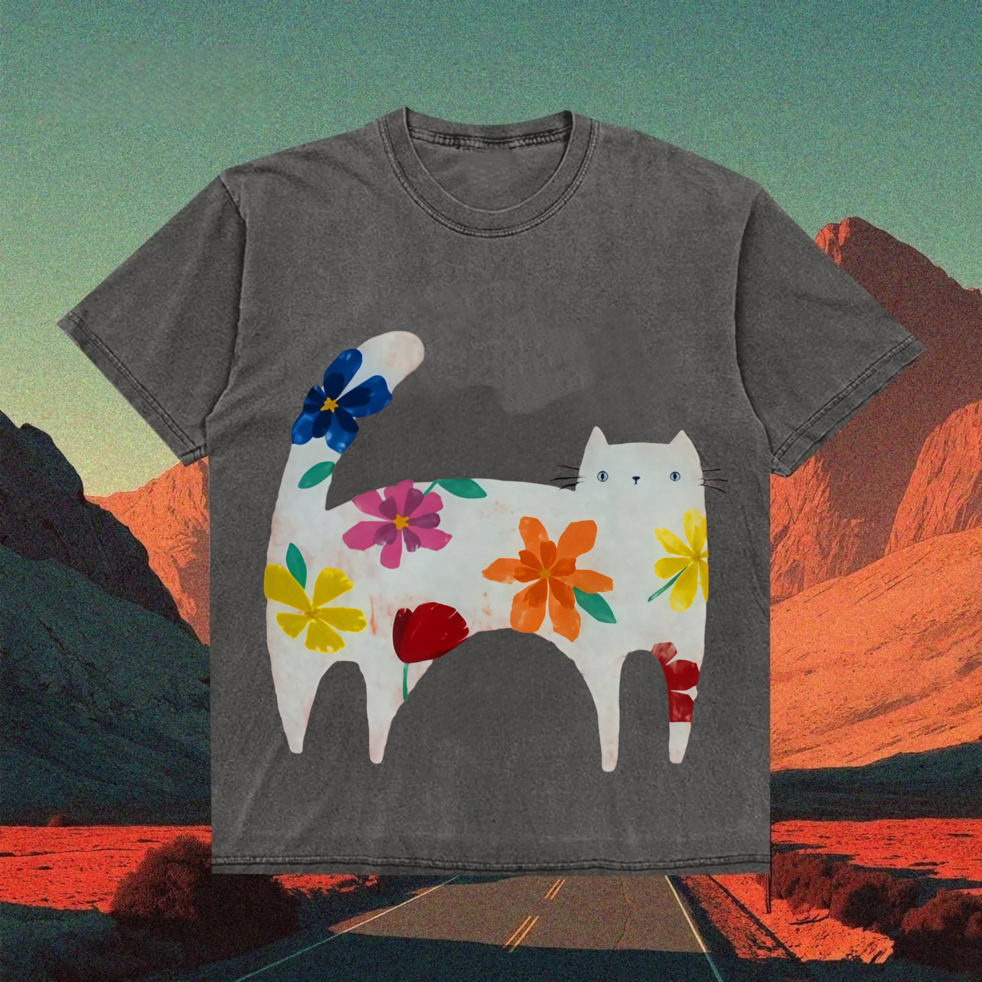 Floral Cat T-shirt - Vintage Washed Apparel by VanceMade