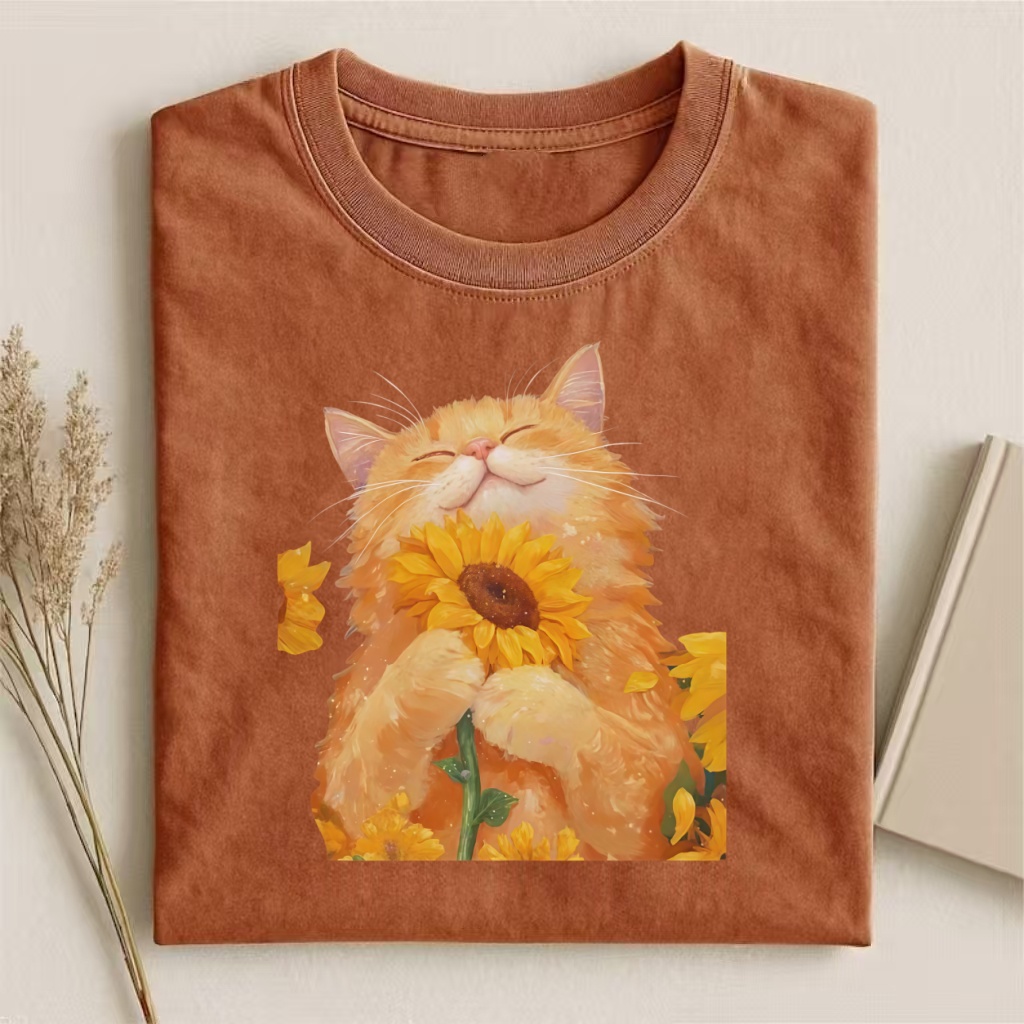 Orange Cat With Sunflower Watercolor T-shirt - Vintage Washed Apparel by VanceMade