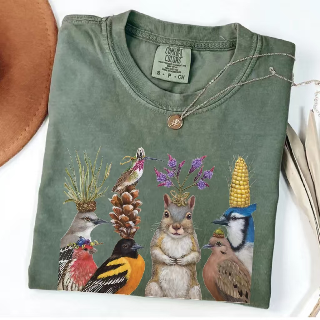 Squirrel and Birds Whimsical Nature T-shirt - Vintage Washed Apparel by VanceMade
