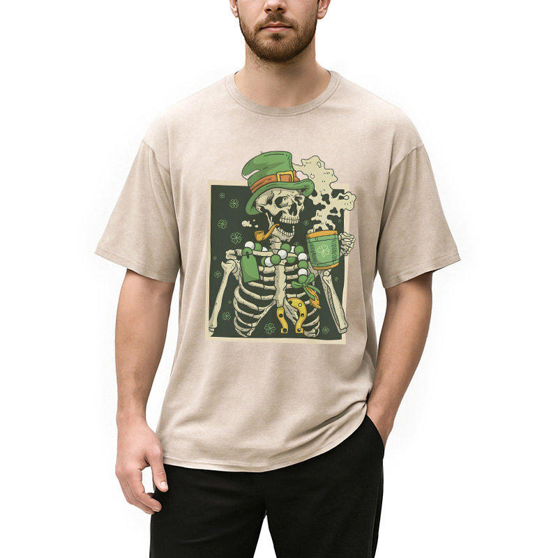 St. Patrick's Skeleton Drinking Coffee Washed T-Shirt - Vintage Washed Apparel by VanceMade