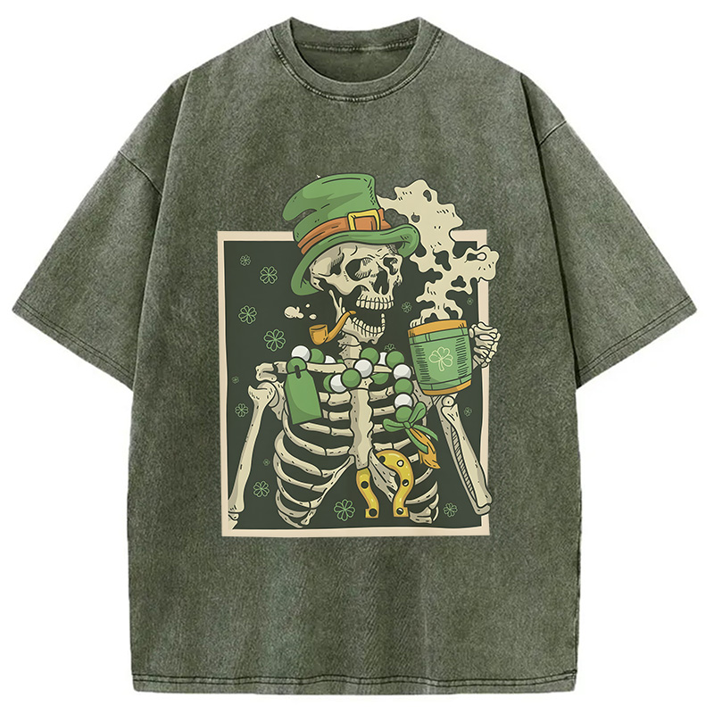 St. Patrick's Skeleton Drinking Coffee Washed T-Shirt - Vintage Washed Apparel by VanceMade