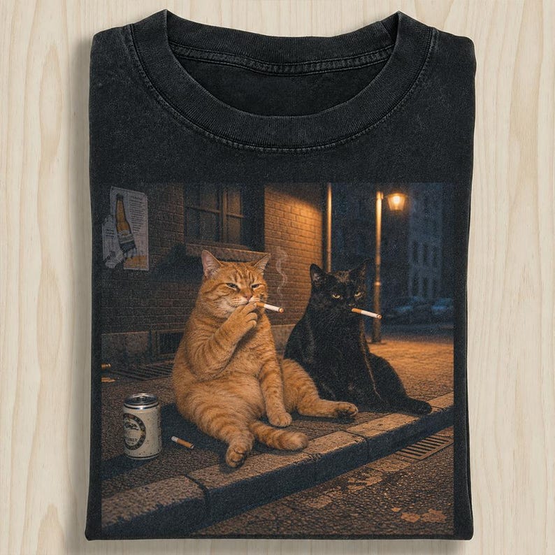 Vintage Street Smoking Cats Graphic T-Shirt