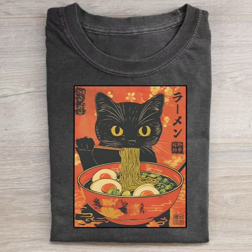 Retro Black Cat Eating Ramen Ukiyo‑e T‑Shirt