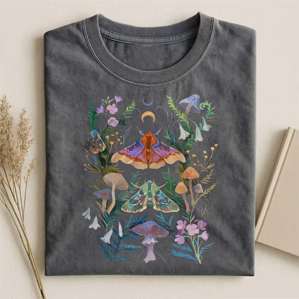 Moth & Mushroom Forest Witchy Art T-shirt - Vintage Washed Apparel by VanceMade