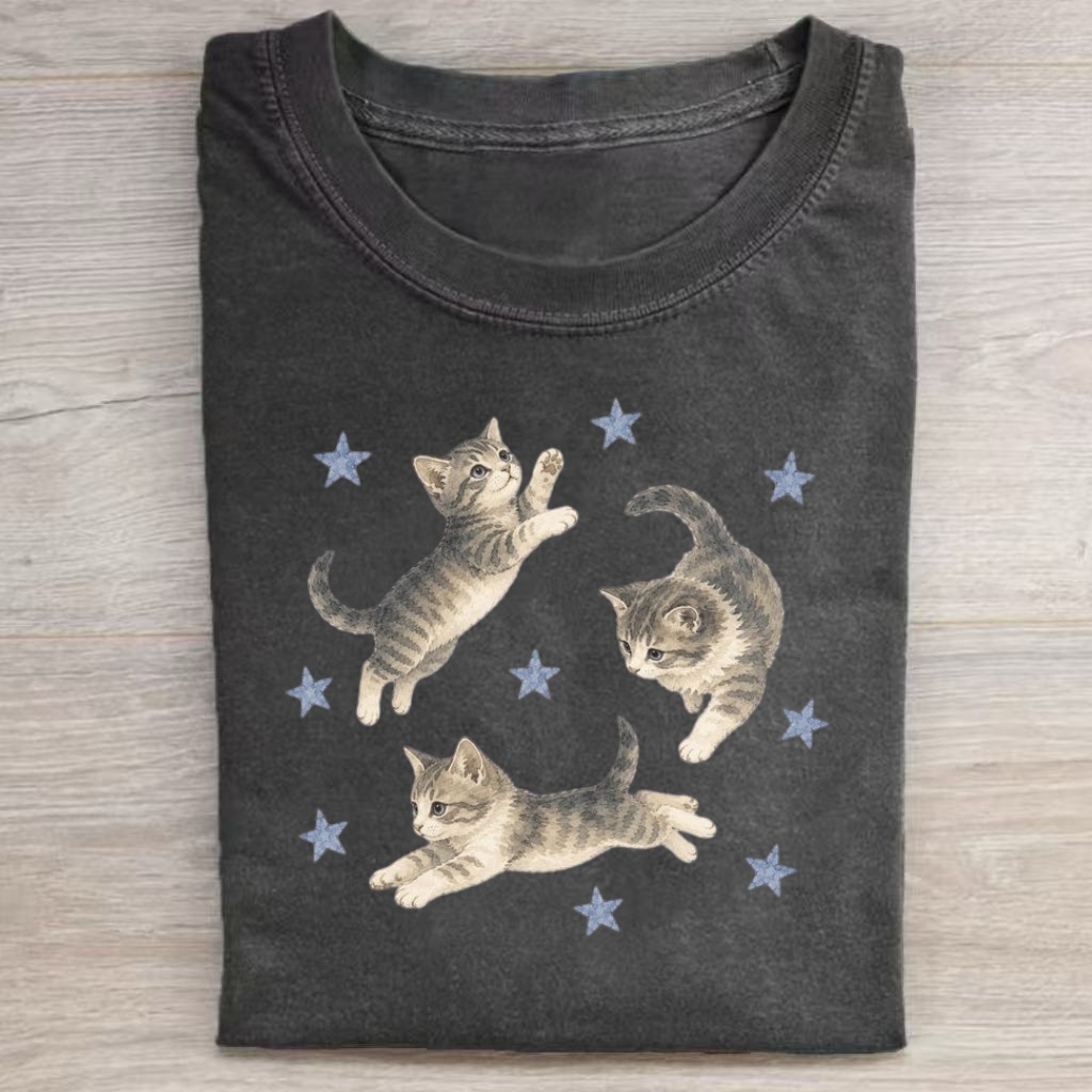 Cute Star Kitten Playful Graphic T-shirt