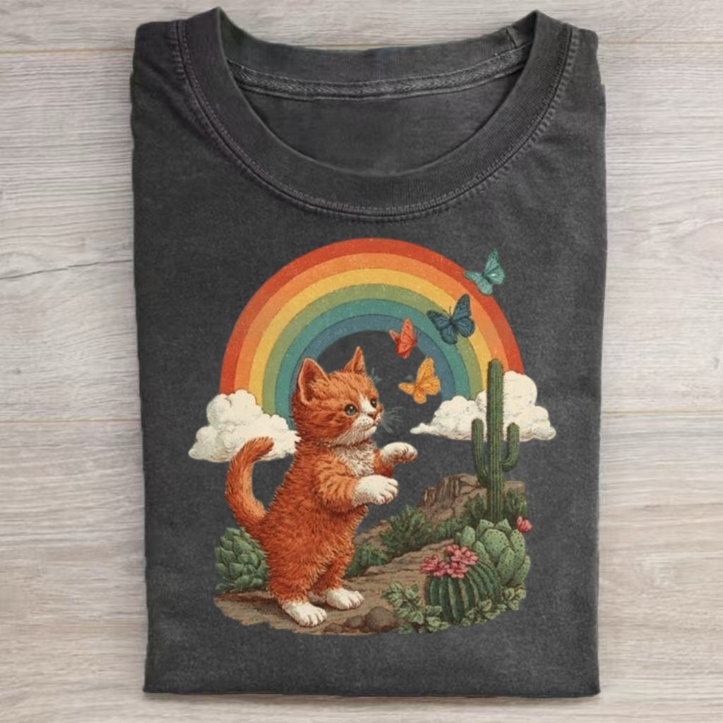 Desert Rainbow Ginger Cat Retro Graphic T-shirt